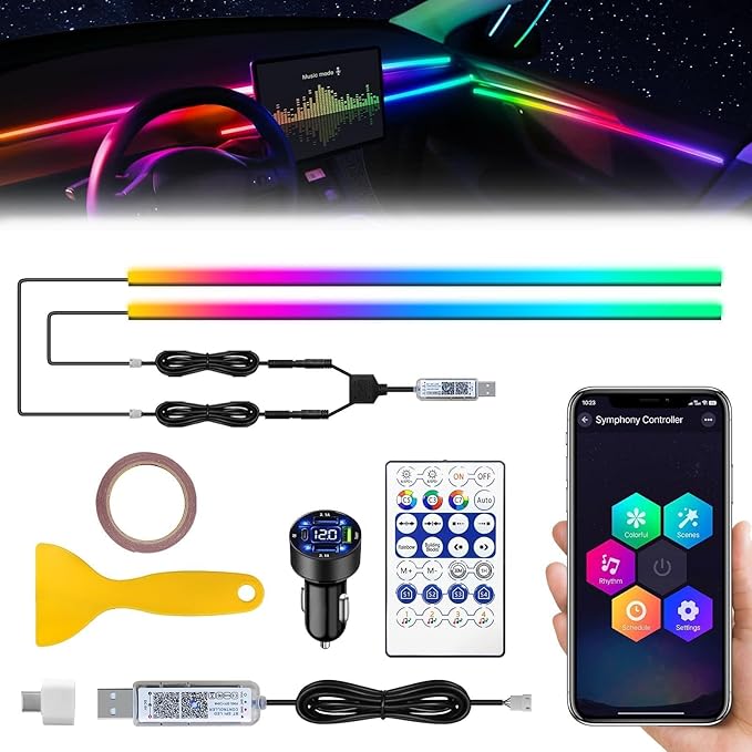 Dreamcolor Acrylic Interior Car LED Strip Light with USB/Type C/4-Port Cigarette Lighter, RGB 2 in 1 with 86.6 inches LEDs Ambient Lighting Kits, Sound Active Function Neon Led Strips for Car