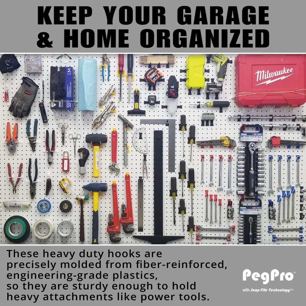 PegPro® J, 1", 2" Hooks Kit for Standard “Wood Fiber” pegboard – Durable Plastic Pegboard Hooks - for Garage, Kitchen, Craft Room, and More (J, 1", 2" Hook - 50 Pack, White)