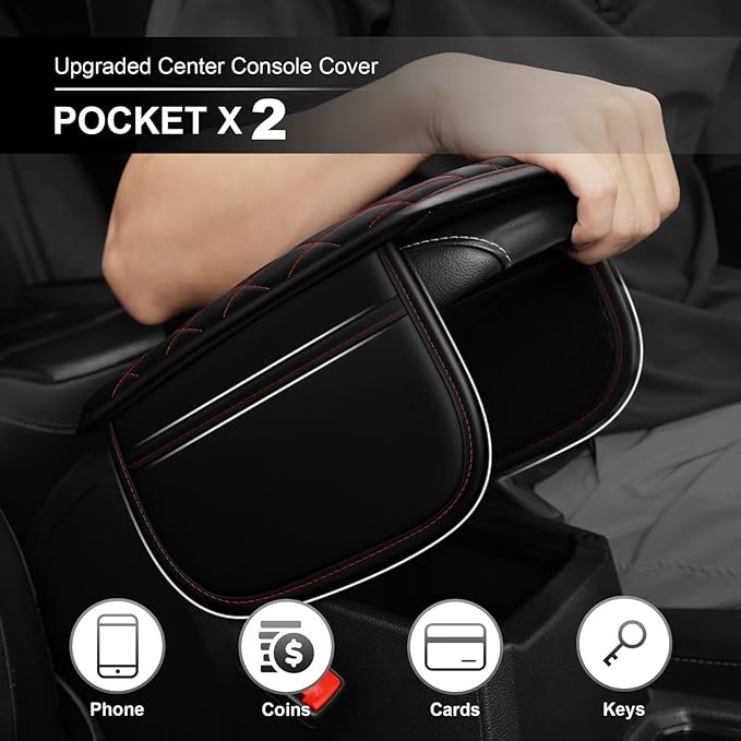 Upgraded Car Center Console Cover Fit for Highlander Faux Leather Car Armrest Cover Cushion with 2 Storage Bags,Car Armrest Storage Box Interior Accessories(Black&Redline)