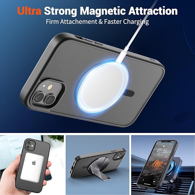 SUPFINE Magnetic for iPhone 12 Mini Case & iPhone 13 Mini Case (Compatible with MagSafe) (Military Grade Drop Protection) Slim Translucent Matte Shockproof Phone Cover,Black