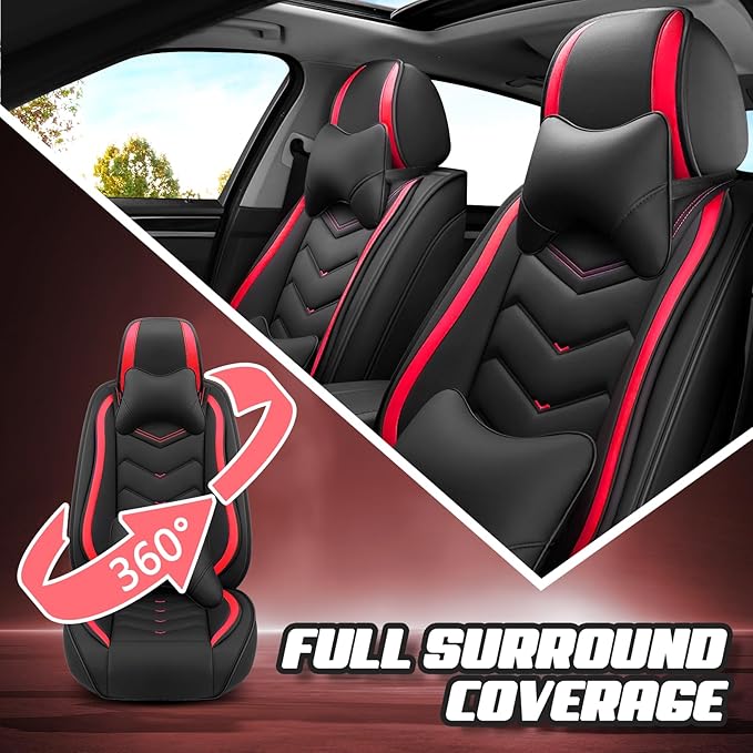 Car Seat Covers for Fiat 500 2012-2019, Premium Nappa Leather Car Seat Cover, Stylish Sport Seat Covers， Automobile Seat Cover Sets.(Luxury 5 Seats/Black Red)