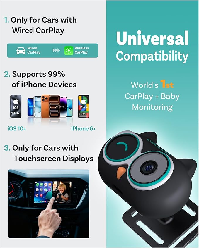 OTTOCAST Cabin Care Baby Car Camera 2026,Uses Your Car's Built-In Screen,No Extra Screen Needed,Split Screen for CarPlay and Baby View,No-Glow Night Vision,Plug&Play,150°Wide Angle(No Android Support)