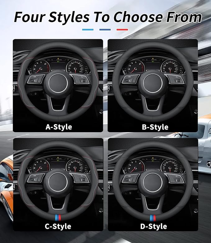 Custom-Fit Leather Car Steering Wheel Cover, 15 inches, B-Style, For Toyota