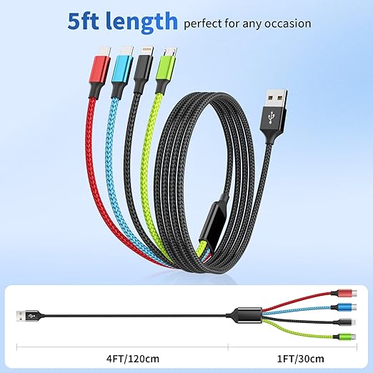Dual Type-C 4 in 1 Multi Charging Cable [1Pack 5FT], Nylon 4 in 1 Charging Cable, Multi Chargers for All Devices with IP/Type C/Micro Port, Compatible with Most Cell Phones/Tablets and More