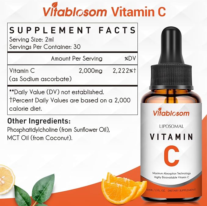 Liposomal Vitamin C 2000mg Liquid for Adults, High Absorption VIT C, Maximize Vitamin C, Good for Immune System & Antioxidant, 60ML (8 Bottles)