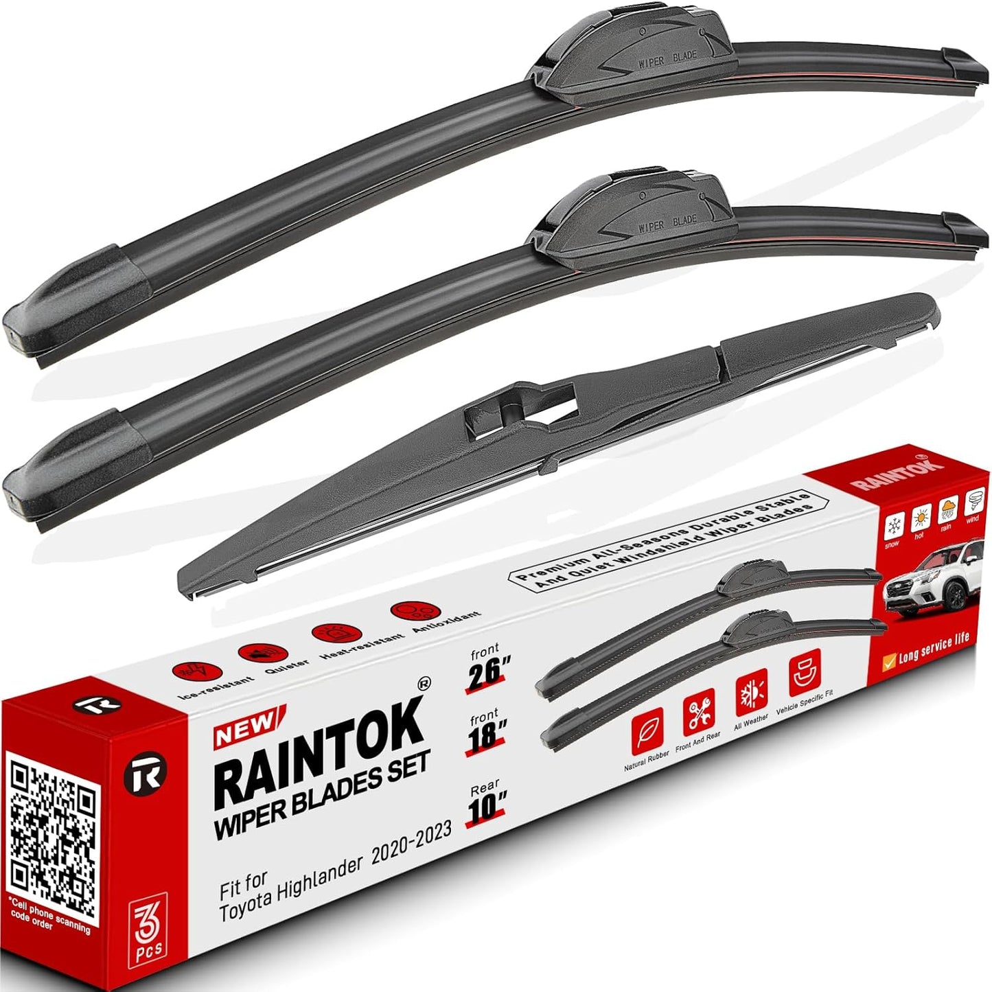 Windshield Wiper Blades Replacement for Toyota Highlander 2020 2021 2022 2023 Original Factory Quality Front Rear Wipers Blade Set for My Car - 26" 18" 10" (Pack of 3)