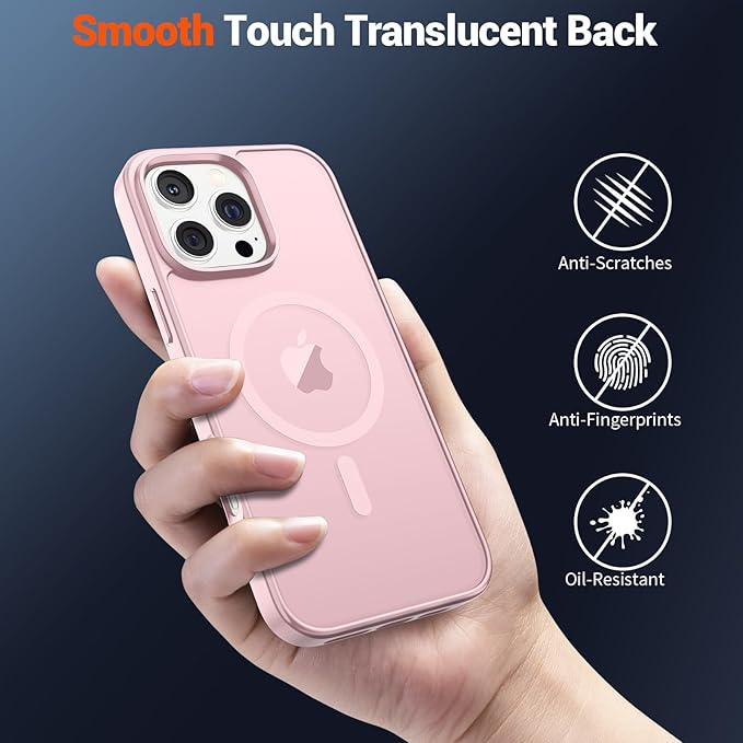 SUPFINE Magnetic for iPhone 16 Pro Case with Screen Protector (Compatible with MagSafe) (Military Grade Drop Protection) Translucent Matte Shockproof Phone Cover,Light Pink