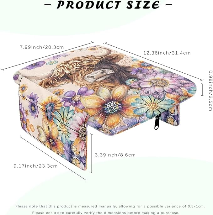 Dreaweet Highland Cow Boho Floral Print Arm Rest Cover for Car Women Thick Center Console Armrest Pad with Pockets Auto Accessories Interior Car Center Console Cushion Pad