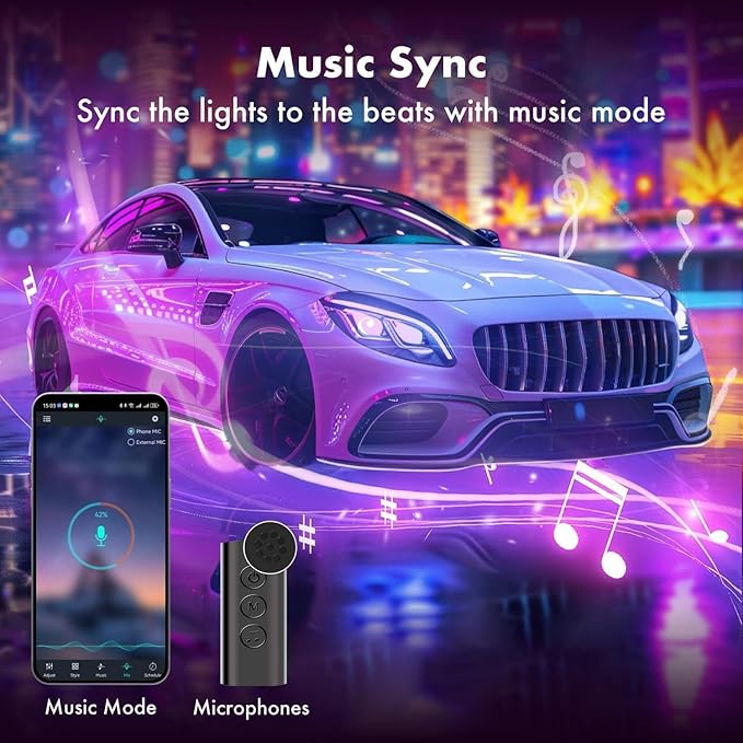 Car Interior Lights, 12V LED Strip Lights with Charger Adapter, Ambient Car Lighting Kit, App & Remote Control Music Sync Color Change Strip Lights for SUVs & Trucks, Car Accessories for Women Men