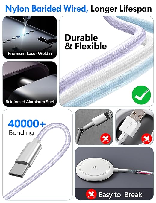 2 Pack Multi Charging Cable Cord for Travel Essentials,Apple Watch Charger,iPhone Charger,[3-in-2] Type C/L Cable Portable Designed for iWatch,iPhone 17-8,Galaxy S25-21,AirPods,iPad-4FT Purple