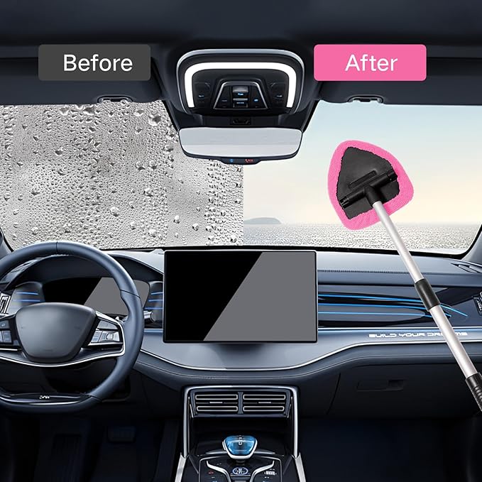 Qydipclin 10pcs Windshield Cleaner Tool, Car Window Cleaning Wash Kit with 4 Reusable Microfiber Pads 1 Spray Bottle and Extendable Handle Auto Glass Wiper Kit, Pink