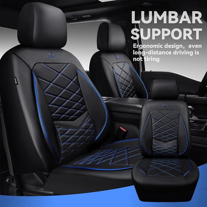 CAR PASS Luxury Nappa Leather Seat Covers Full Set, Water Resistant Faux Leather Seat Cover with Lumbar Support, Breathable Automotive Seat Covers Universal Fit for Sedan SUV Van Truck, Black Blue