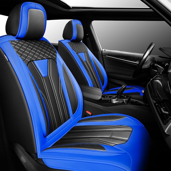 Fit Kicks Car Seat Covers， Compatible with Nissan Kicks 2018-2026 -Premium Leather, Waterproof Breathable All-Weather Seat Cushion Protector Airbag Compatible（2 Seats Front Pair，Blue & Black