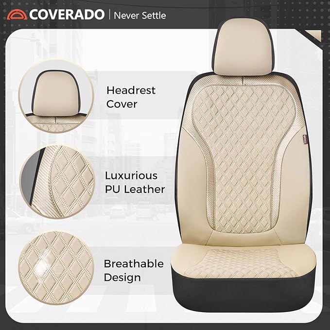 Coverado Front Seat Covers, 2-Pack Luxury Leather Car Seat Cover with Carbon Fiber Weave, Waterproof Car Seat Protectors, Spill-Proof Car Seat Cushion, Beige Seat Covers Universal Fit for Most Cars