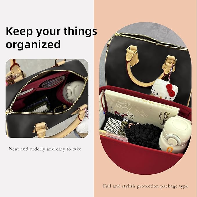 DGAZ Silk Purse Organizer Insert Fits LV Speedy 16/20/25/30/35/45 bags，Silky Smooth Bag Organizer，Luxury Handbag & Tote Shaper（Wine Red，New nano 16）