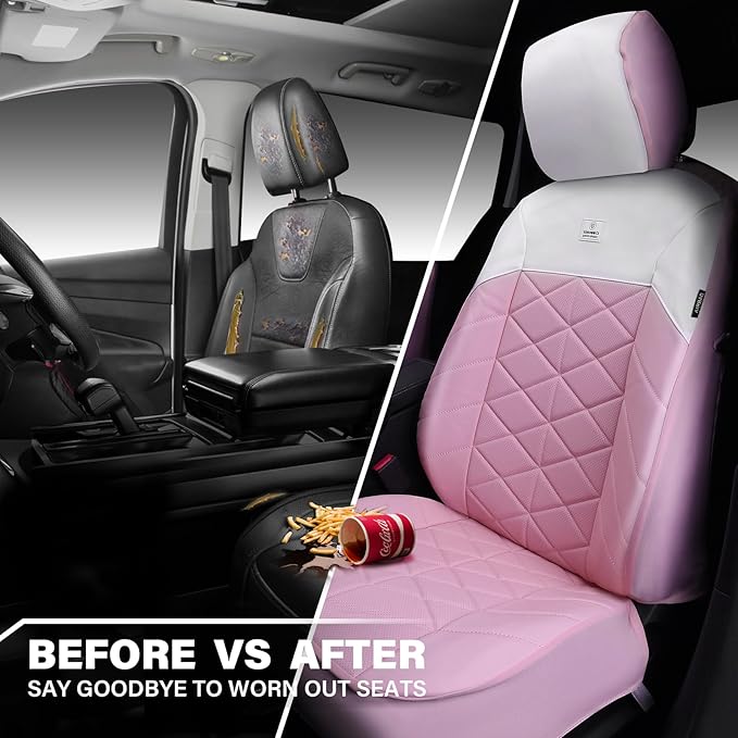 CAR PASS Nappa Leather Seat Covers for Car, Waterproof Seat Covers Full Set, Luxury 3D Rhombus Lined Sponge Airbag Compatible Universal Fit for Automotive SUV Truck Pickup Sedan, Pink White