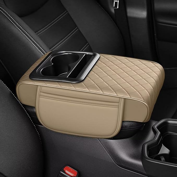 Center Console Cover Fit for 4Runner Faux Leather Car Armrest Cushion with Storage Bags, Cup Holder ＆ Phone Storage Multifunctional Middle Console Cover(Beige)