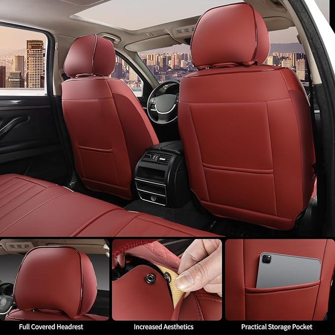 Red Seat Covers for Cars, 2Pcs Universal Leather Car Seat Covers Front Seats, Full Coverage Automotive Seat Covers for Most Sedans Trucks SUVs, Waterproof Breathable Car Seat Cover