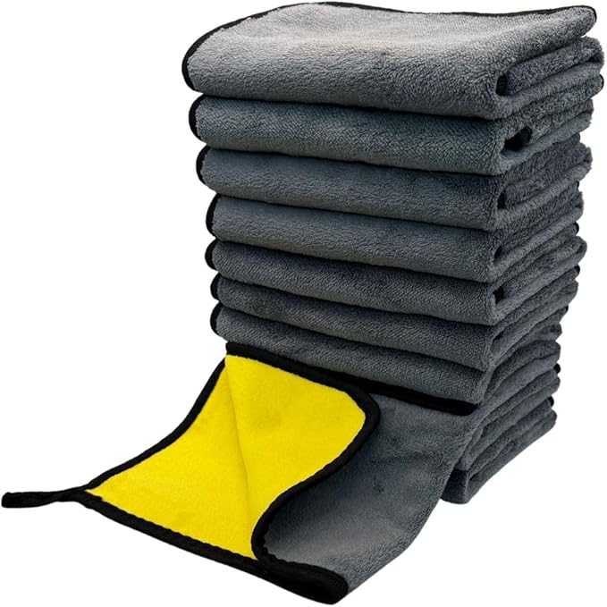 Deluxe Premium Microfiber Towels (Pack of 10) Ultra-Absorbent Soft Polishing Drying Cleaning Washable Durable Thick Professional Car Wax Cloth Household Cleaning 600GSM Dual-Sided Gray Yellow