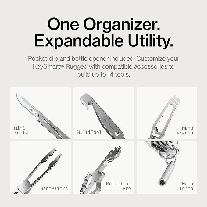 KeySmart Rugged - Multitool Key Holder for Keychain w/Bottle Opener and Pocket Clip, Organizer for Keys, EDC Keychains, Ring for Car Fobs Key Chains, Expandable (Up to 14 Keys, Titanium)