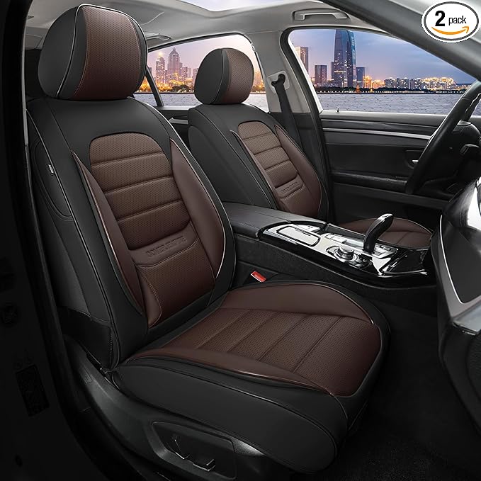 Front Car Seat Covers, 2Pcs Universal Leather Car Seat Covers, Full Coverage Waterproof Automotive Seat Covers, Breathable Car Seat Protector for Most Trucks SUVs Sedans, Black&Brown