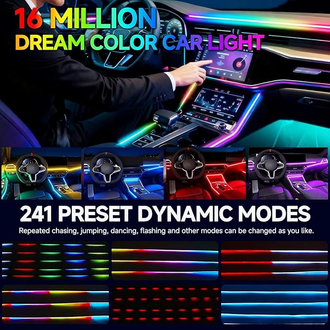 Ambient Lighting Car Led Lights Interior,43.3in USB RGB Dreamcolor Acrylic Neon Flexible Strip Fiber Optic LED Ambient Lighting Kits with Remote APP, RGB Music Lights Sync for Inside car Decorations