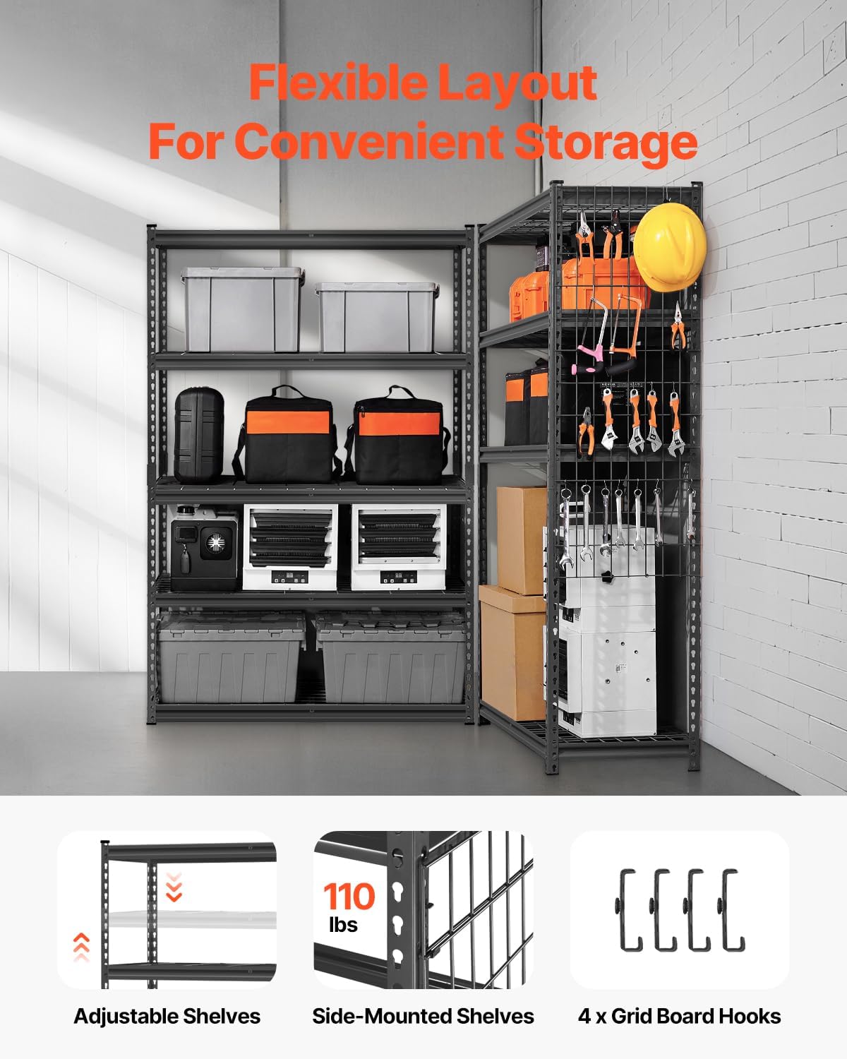 VEVOR Storage Shelves, 2500 lbs, 5 Tier Heavy Duty Garage Shelving, 18" D x 48" W x 72" H Adjustable Metal Shelves for Industrial Shelving Unit Utility Shelf, for Kitchen, Warehouse, Basement, Black