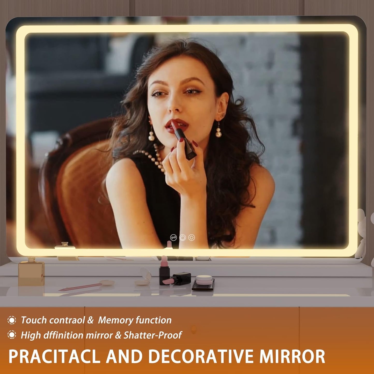 Hasipu Vanity Mirror with Lights, 27.6" x 20" LED Makeup Mirror, Lighted Makeup Mirror with Dimmable 3 Modes, Touch Screen Control Vanity Mirror Round White