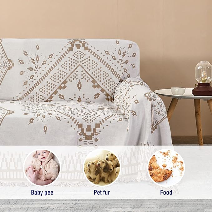 H.VERSAILTEX Reversible Sofa Cover Couch Cover for Dog Sofa Slipcover for Most Shape Sofa Furniture Protector with Tassels Sectional Couch Cover (X-Large: 71" x 118", Sand/White)
