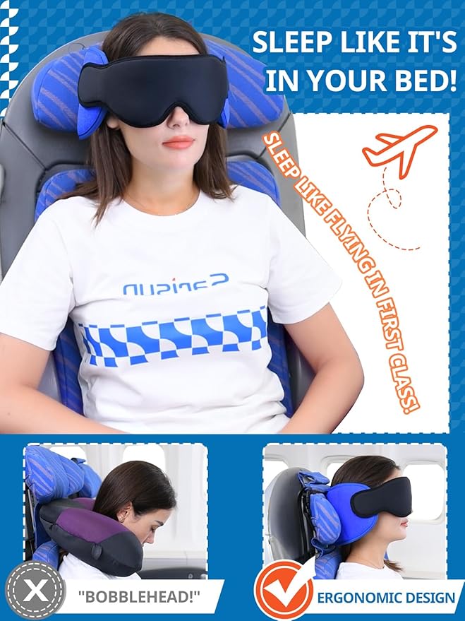 Travel Pillows for Airplanes, Airplane Pillow with 3D Eye Mask for Sleeping, 360° Support Headrest for Long Flight, Road Trip, Stop Bobblehead Travel Essential Airplane Sleep Head Strap, Blue