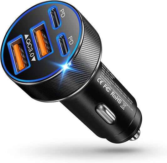 USB C Car Charger, Multi Port 90W Super Fast Charging Cigarette Lighter Adapter, 4-in-1 Dual USB-C & USB-A Car Phone Power Adapter for iPhone 17/16/15/Pro Max, iPad, Samsung Galaxy S25 (Black, 1-Pack)