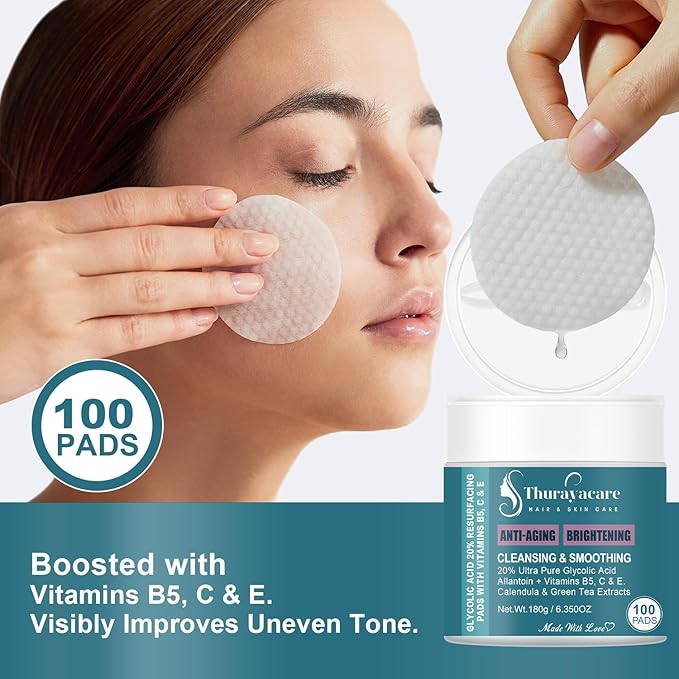Glycolic Acid 20% Exfoliating Pads – Anti-Aging Face Pads with Vitamins B5, C, E, Allantoin & Niacinamide – Resurfacing, Brightening & Pore Cleansing – 100 Count