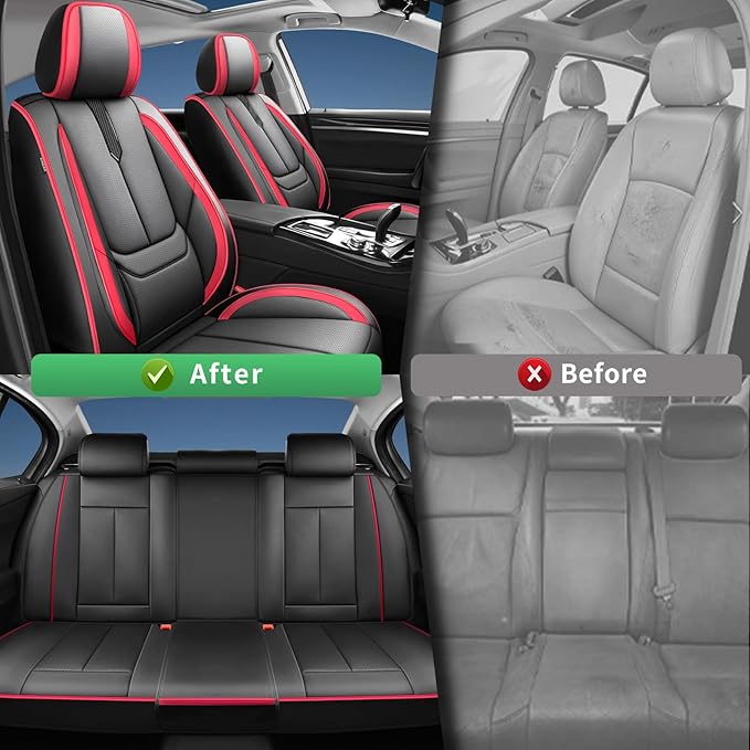Fit Prius Car Seat Covers for Toyota Prius 2001-2024 2025 2026 -Upgraded Premium Waterproof & Breathable Leather,Airbag Compatible,All-Weather Seat Cushion Protector,Full Set,Black-Red