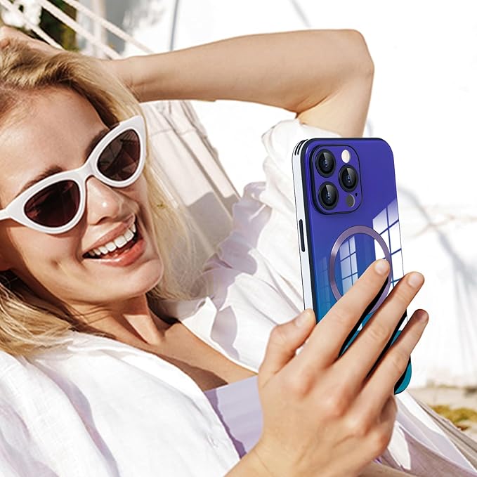 Guppy Compatible with iPhone 16 Pro Case Magnetic, with Full Camera Lens Protector [Compatible with MagSafe] Scratch Resistant Gradient Glass Back Cover Phone Case-Purple