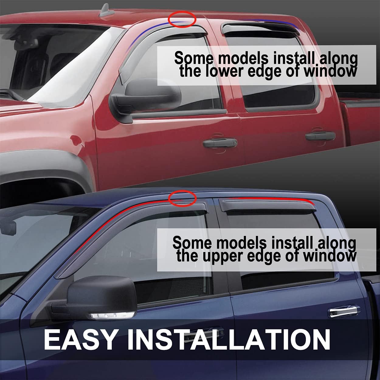 94293 Side Window Wind Vent Deflector, 4pcs Out-Channel Tape-On Dark Smoke Rain Guards Set, Window Visor fit for 2011-2019 Ford Explorer