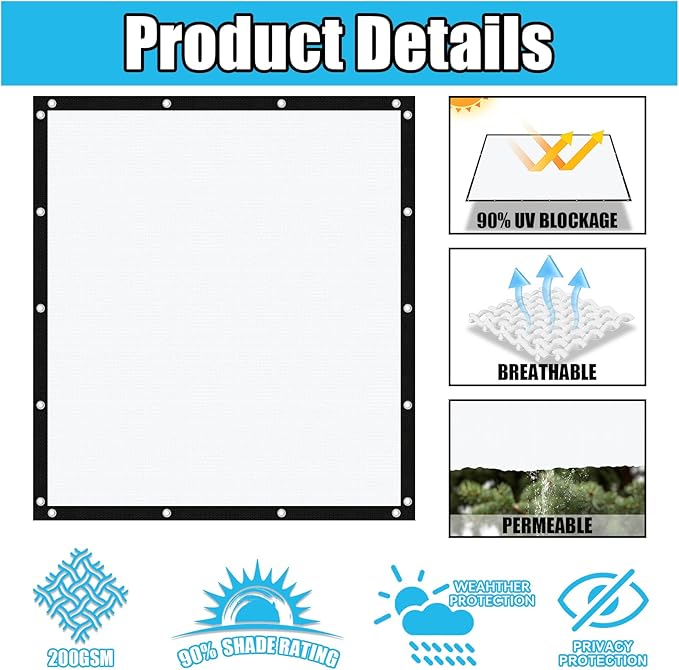 Amagenix 90% Pergola Shade Cover 4' X 5' Sun Shade Cloth with Grommets for Outdoor Garden Patio Porch, Commercial Grade 200 GSM - Cable Zip Ties Included (We Customized) GN108, White