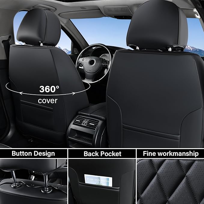 Coverado Car Seat Covers Full Set, Front and Back Seat Covers for Cars, Luxury Faux Leather Waterproof Seat Covers, Black Car Seat Covers, Car Seat Protector Accessories Universal Fit Most Vehicles