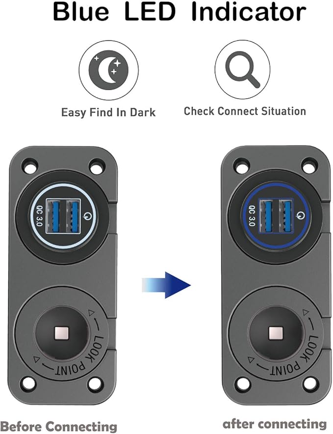 QC 3.0 USB Outlet 12V Boat Marine Waterproof Cigarette Lighter Socket Splitter 12 Volt DC Power Charger Adapter DIY Kit with Blue LED Dual USB Ports for Rocker Switch Panel on Car RV Golf Cart ATV