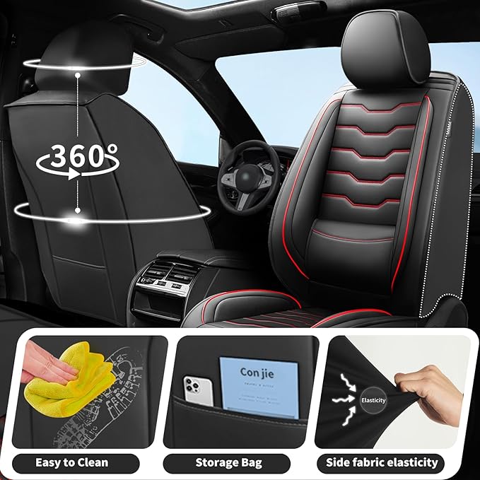 Fit Frontier Car Seat Covers Compatible with Nissan Frontier 2010-2025 2026 -Full Set Premium Leather， Waterproof Breathable， All-Weather Seat Cushion Protecto&Airbag Compatible（Red Line Black