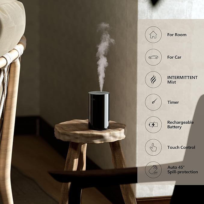 Waterless Diffuser for Essential Oil, Battery Operated Nebulizer, 0.7 Fl.Oz./ 20mL Capacity, Mini Scent Air Machine, 3 Countdown Timers & 3 Mist Levels for Home Room Car Office - AN8 Black 2Packs