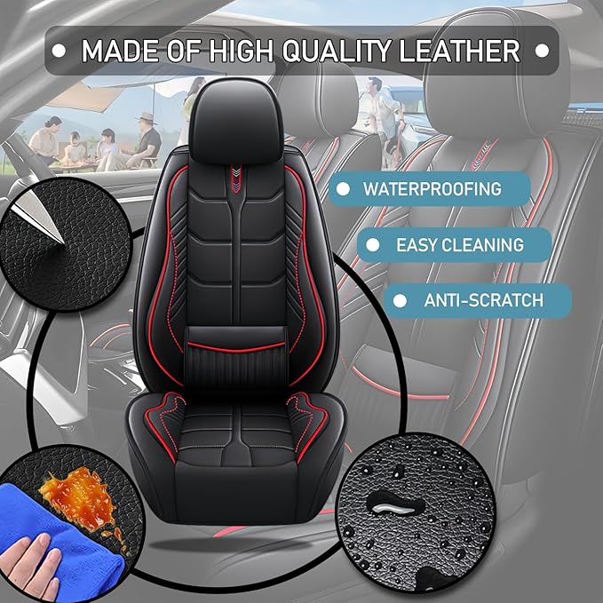 Leather Car Seat Covers Fit for Toyota RAV4 Prime 2021-2024, 5 Seater Car Seat Cover, Premium Waterproof, Scratch Resistant Car Interior Accessories (Full Set Black Red)