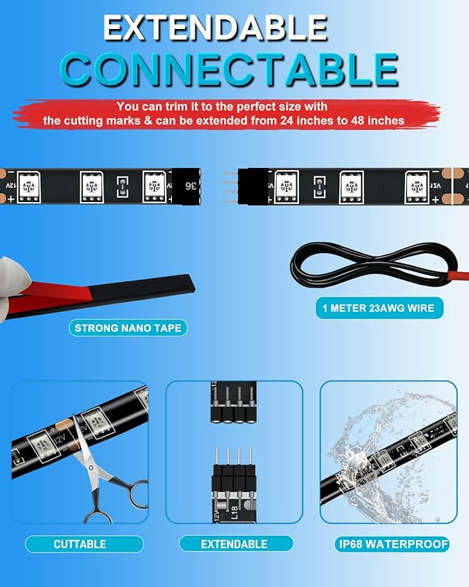 12V Led Light Strip Connectable 24Inch Blue Led Strip Lights for Car Golf Cart Motorcycle Boat Truck Cabinet Waterproof Led Light Strip,4Pack
