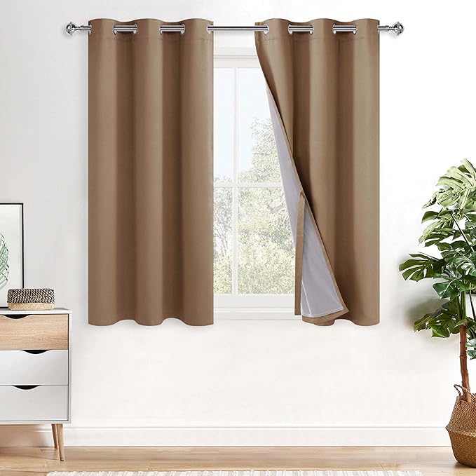 XWZO 100% Blackout Curtains with Tiebacks- 2 Thick Layers Completely Shaded Window Treatment Thermal Insulated Lined Drapes for Bedroom/Patio Door, Grommet, Cappuccino, W38 x L54, Set of 2 Panels
