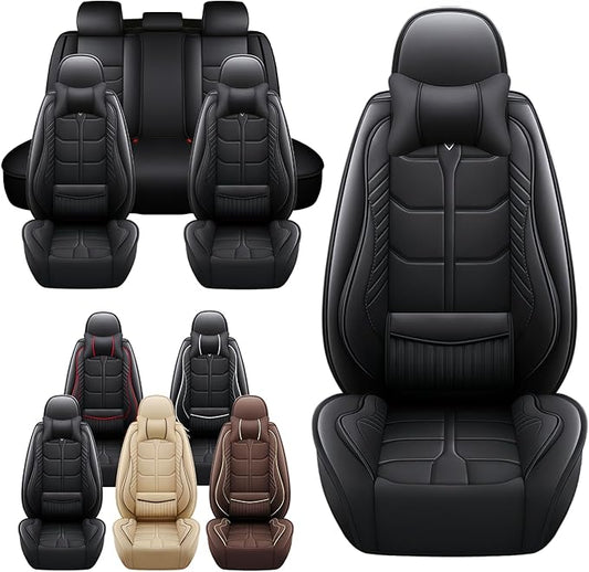 Leather Car Seat Covers Fit for Toyota Echo 2000-2005, 5 Seater Car Seat Cover, Premium Waterproof, Scratch Resistant Car Interior Accessories (Full Set with Pillow Black)