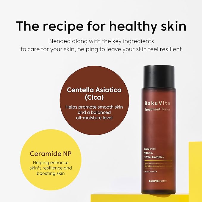 THANKYOU FARMER BakuVita Treatment Toner With Retinol Alternative Bakuchiol, Vitamin C+E, Hydrating, Slow Aging, Vegan Korean Face Toner, 7.03 Fl oz (200ml)