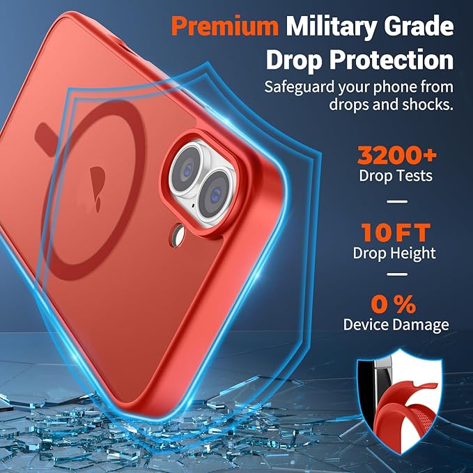 SUPFINE Magnetic for iPhone 16 Case (Compatible with MagSafe) (Military Grade Drop Protection) Slim Translucent Matte Shockproof Phone Cover,Red
