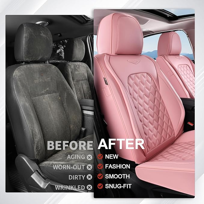 Coverado Full Set Car Seat Covers, Luxury Faux Leather Waterproof Seat Covers, Pink Car Seat Protectors, Universal Fit for Most Cars, Automotive Seat Covers-Pink