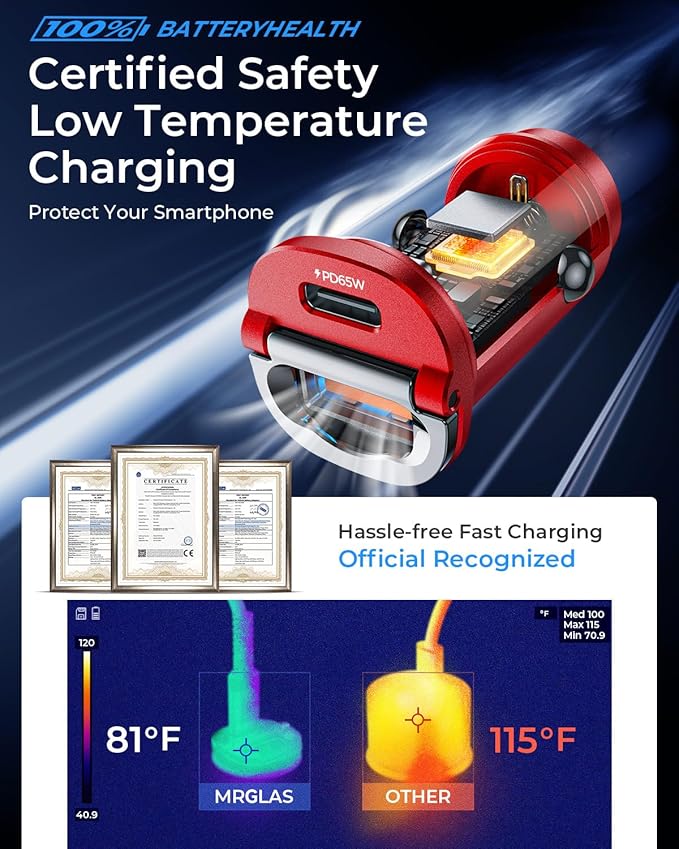 【Upgraded】 125W USB C Car Charger Super Fast Charging for iPhone 16, [PD65W & QC60W][All Metal] MRGLAS Cigarette Lighter Car Charger,Dual Port for iPhone 16 15 Pro iPad Samsung S25 S24 MacBook-Red