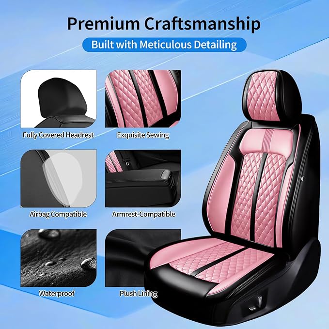 Fit Colorado Car Seat Covers for Select Chevy/Chevrolet Colorado 2015-2026, Premium Full Coverage Leather, Waterproof All Weather Breathable Seat Cushion Protector, Full Set, Black+Pink