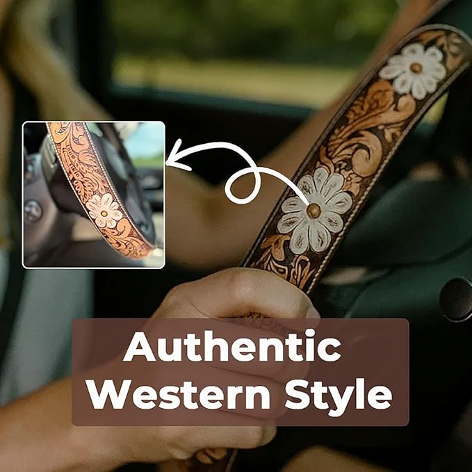Western Steering Wheel Cover, Color Printed Embossed Hand-Painted Leather Western car Parts, for Women Man, Anti-Slip Design Easy to Install, for Trucks SUVs Cars (Style 4)